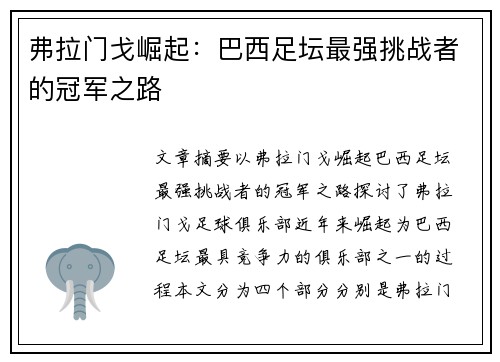 弗拉门戈崛起：巴西足坛最强挑战者的冠军之路